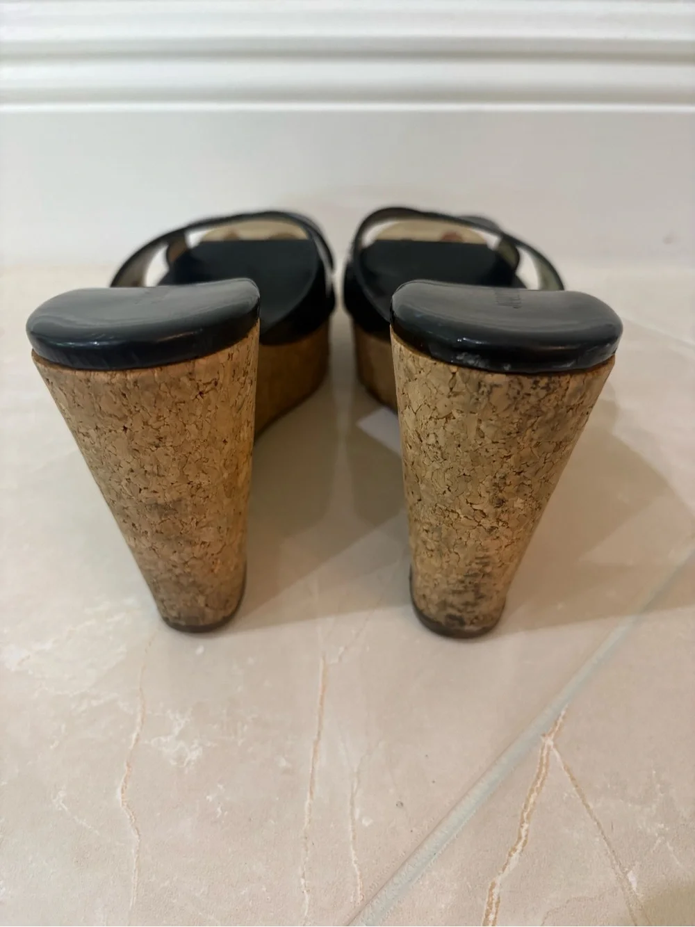 Jimmy Choo Perfume Black Patent Leather Cork Platform Wedge Sandals
